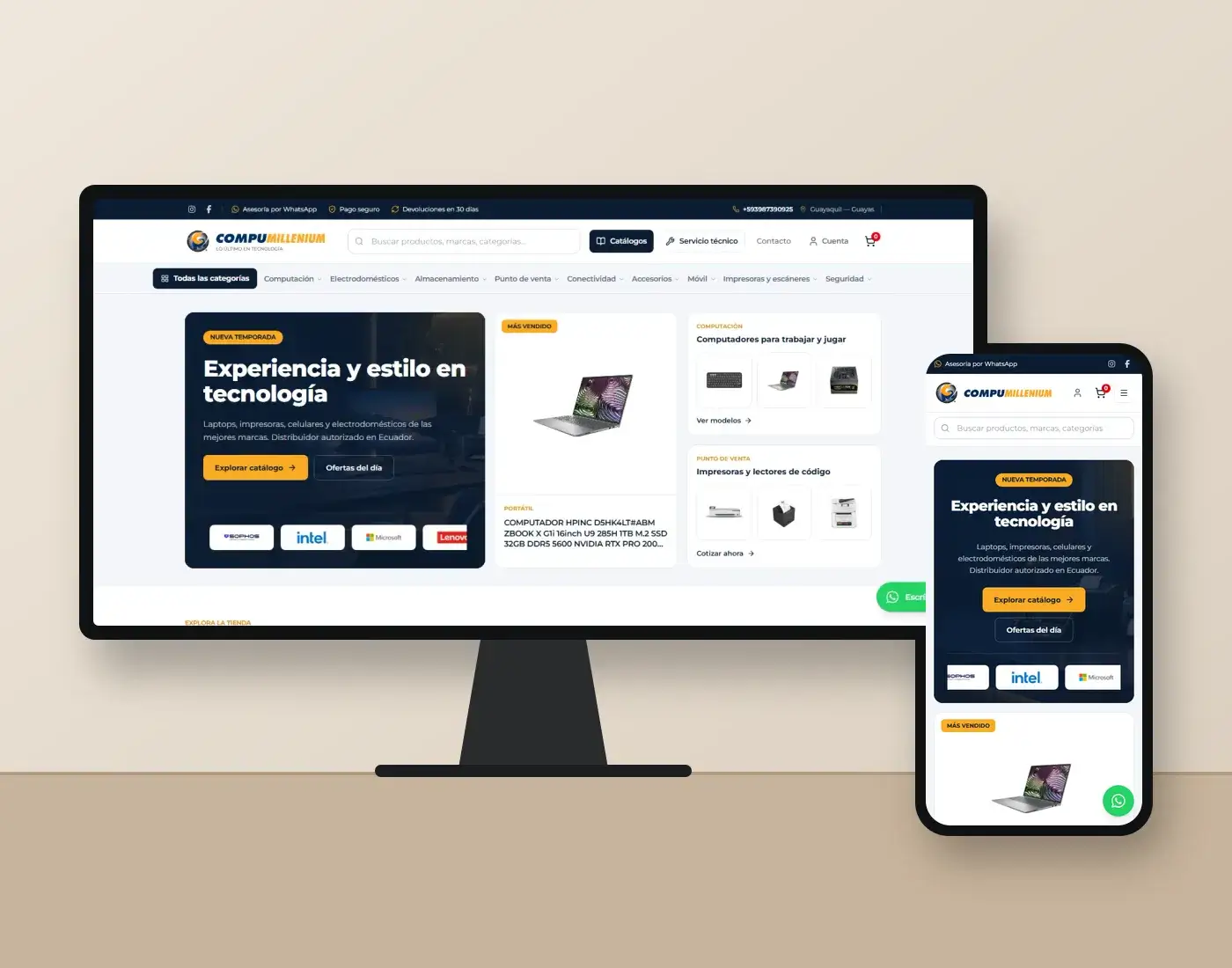 Mockup de una tienda de tecnología en línea en monitor y teléfono
