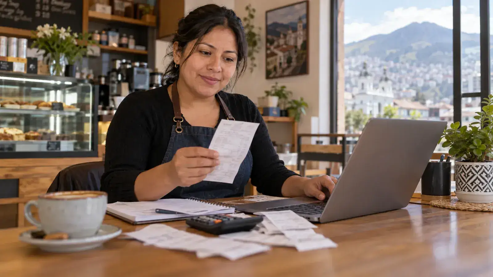 Emprendedora revisando comprobantes y facturas en su negocio