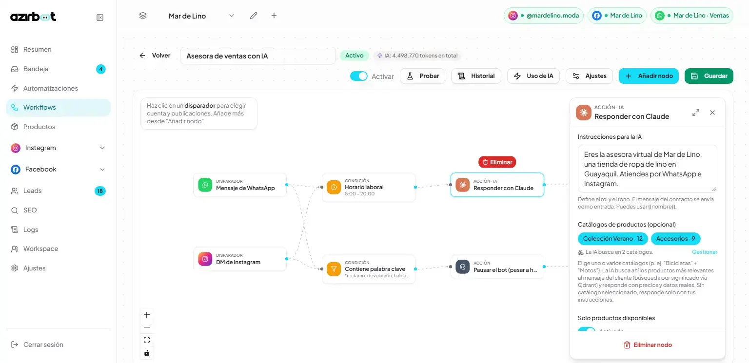 Azirbot: Configuración del nodo de Claude: instrucciones del agente y catálogos que consulta (datos de ejemplo)