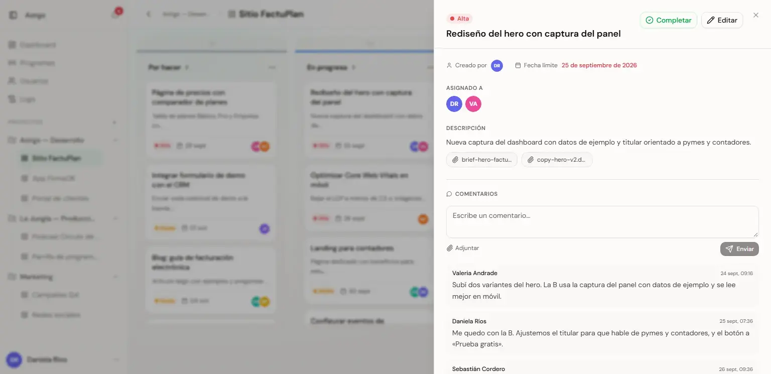 Azirgo Kanban: Detalle de una tarea con prioridad, fecha límite, responsables, adjuntos y comentarios (datos de ejemplo)