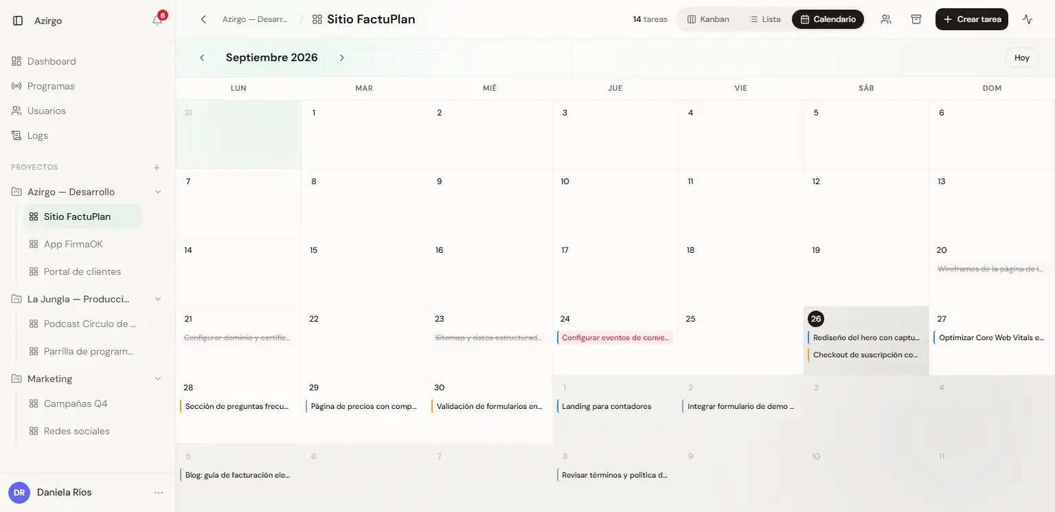 Azirgo Kanban: Vista de calendario con las tareas por fecha límite (datos de ejemplo)