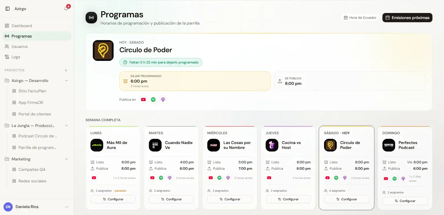 Azirgo Kanban: Programas: el del día con su cuenta regresiva y la parrilla semanal (datos de ejemplo)