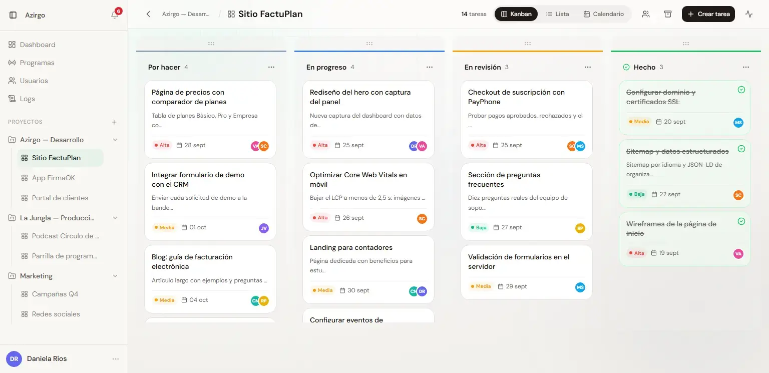 Tablero kanban de Azirgo Kanban con tareas en las columnas Por hacer, En progreso, En revisión y Hecho (datos de ejemplo)
