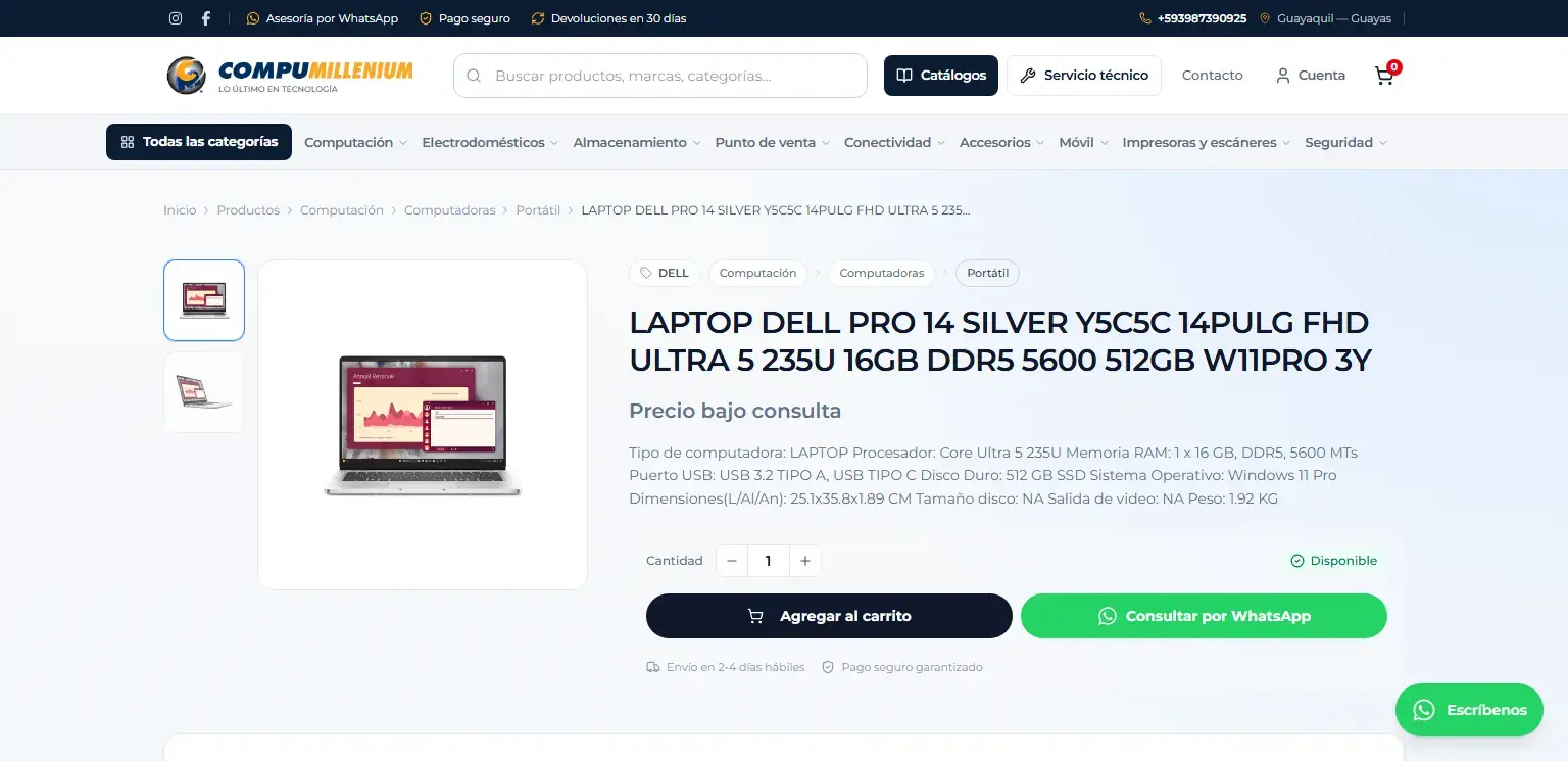 Compumillenium: Ficha de producto con galería, especificaciones, carrito y consulta por WhatsApp