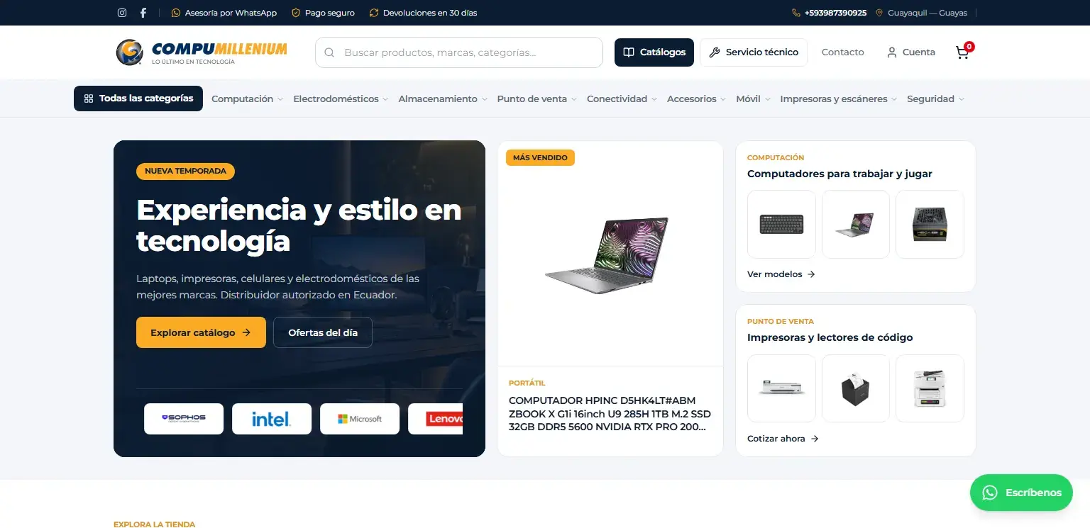 Portada de Compumillenium, tienda online de laptops, computadoras y accesorios en Guayaquil