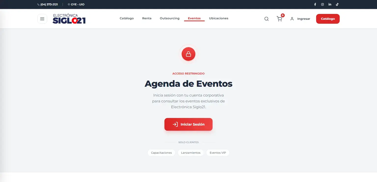 Corporativo Siglo 21: Eventos solo para clientes, con acceso restringido a cuentas corporativas