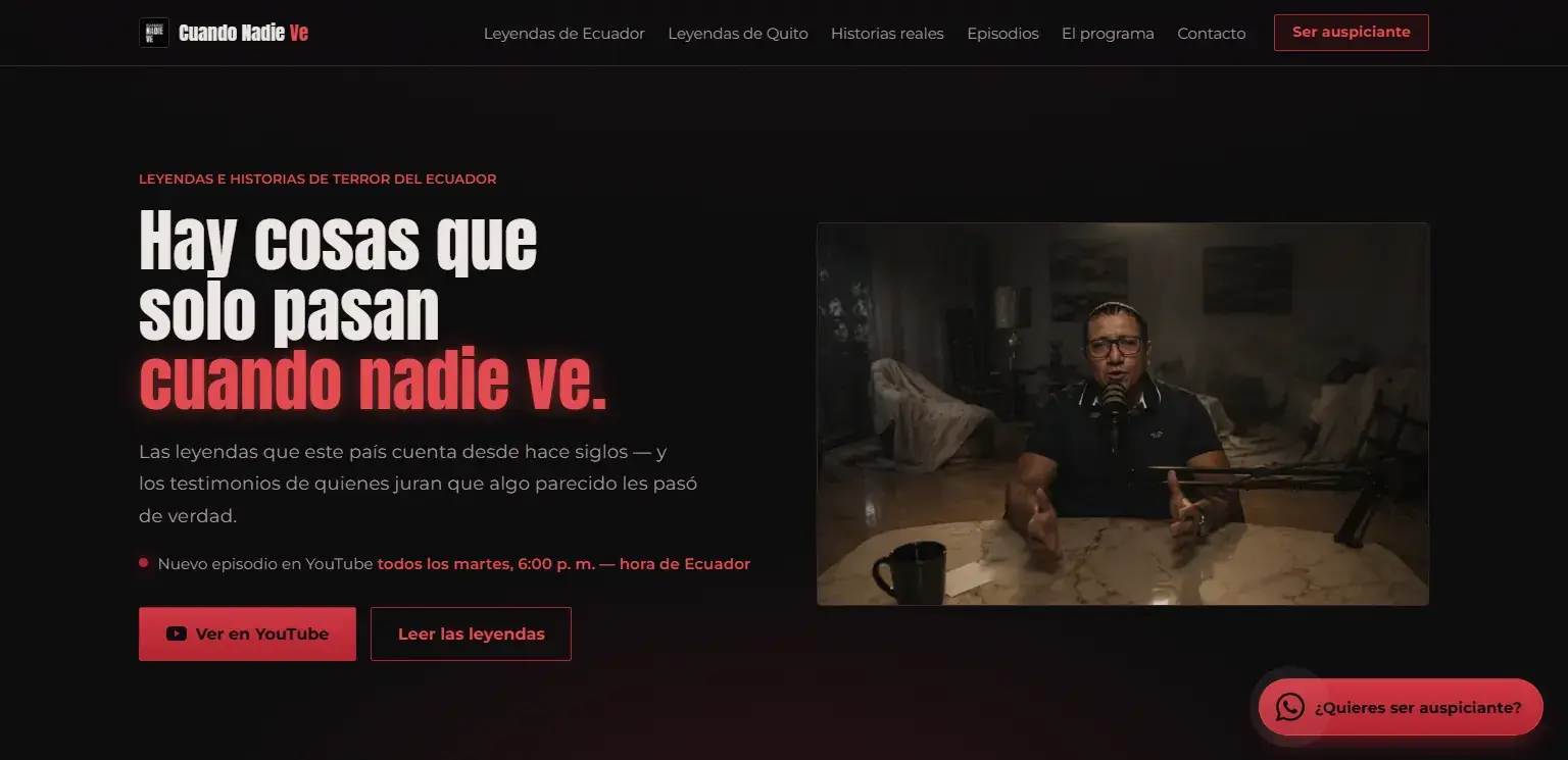Portada del sitio de Cuando Nadie Ve, programa de leyendas e historias de terror del Ecuador