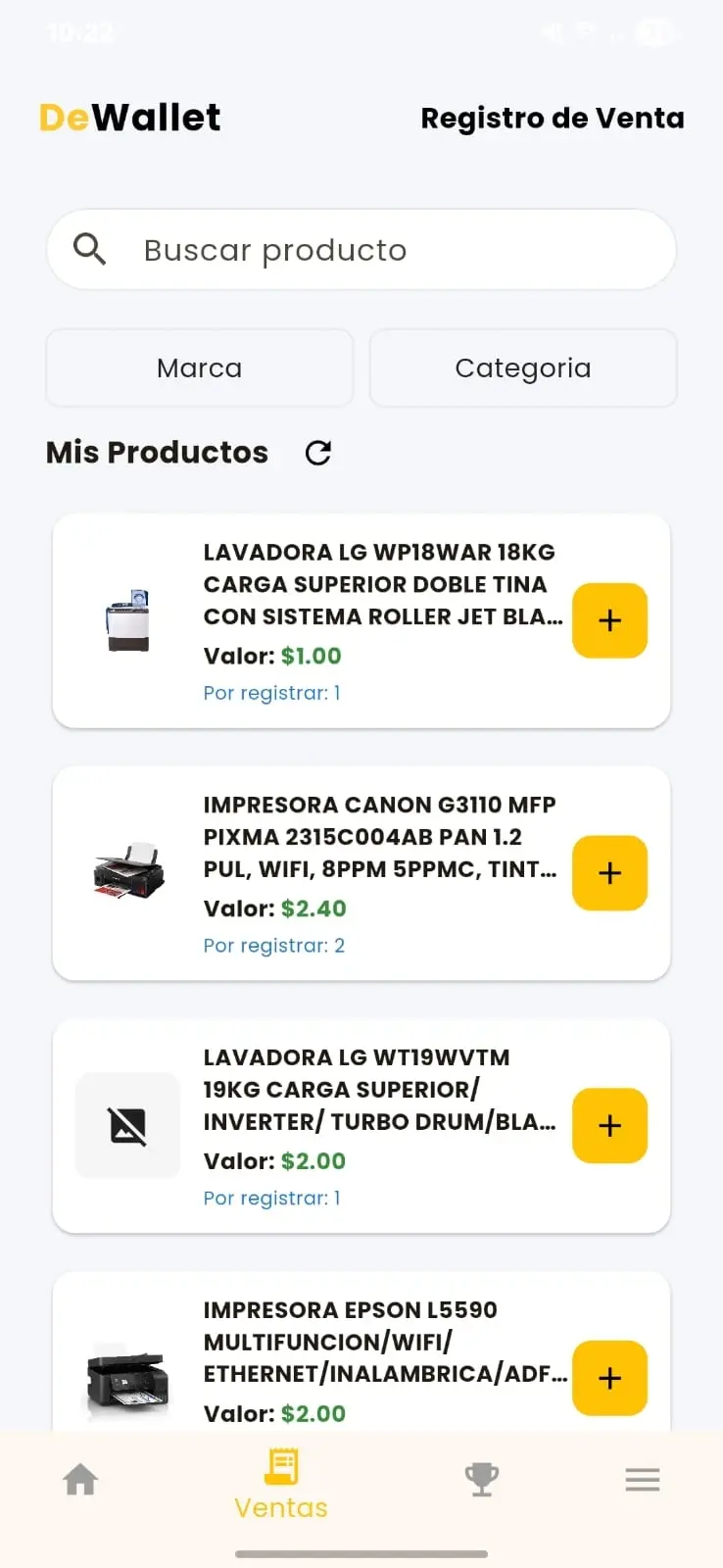 Pantalla de la app móvil DeWallet de incentivos por ventas