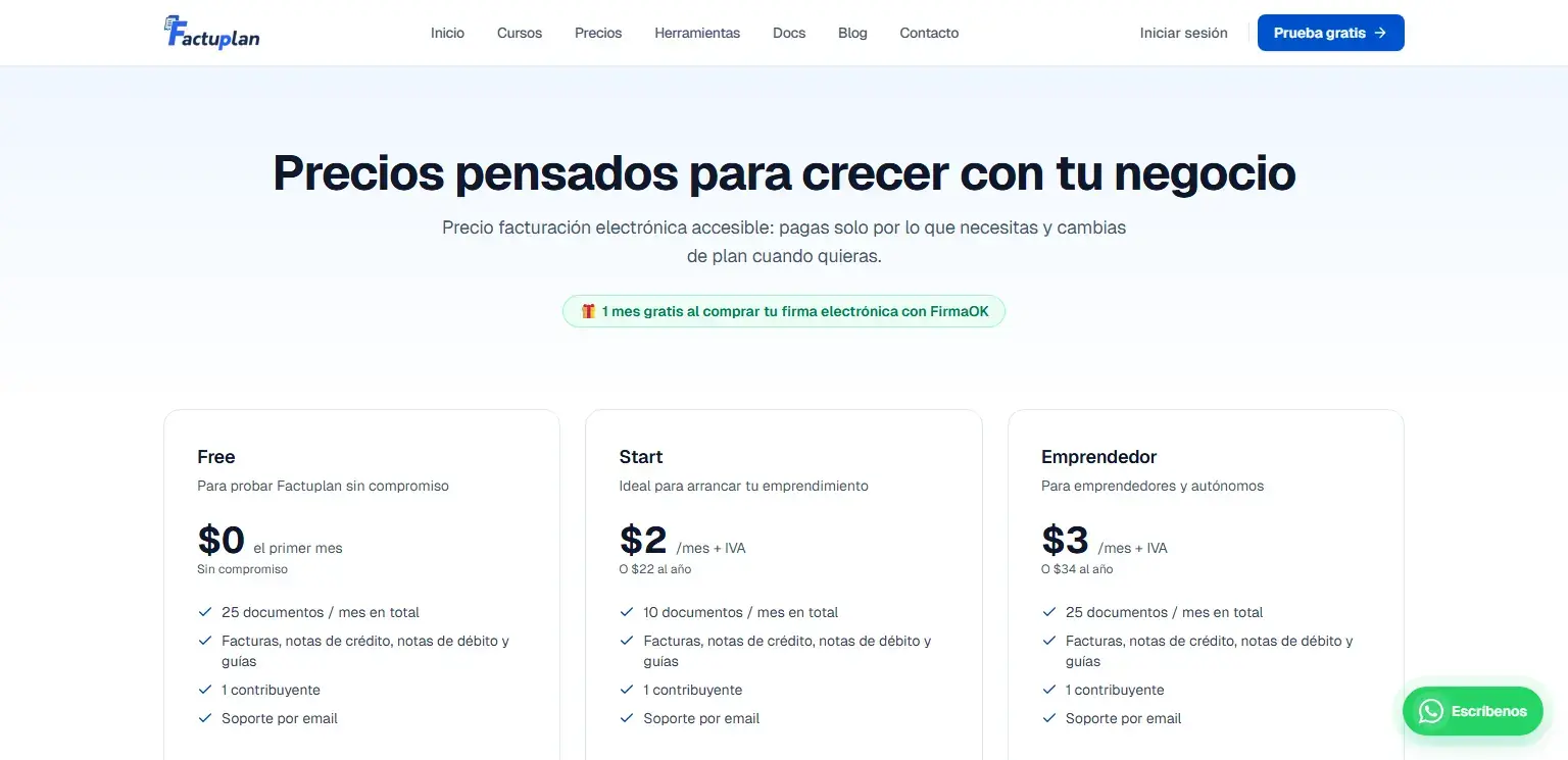 FactuPlan: Precios: ocho planes, del gratuito al de 1000 documentos al mes