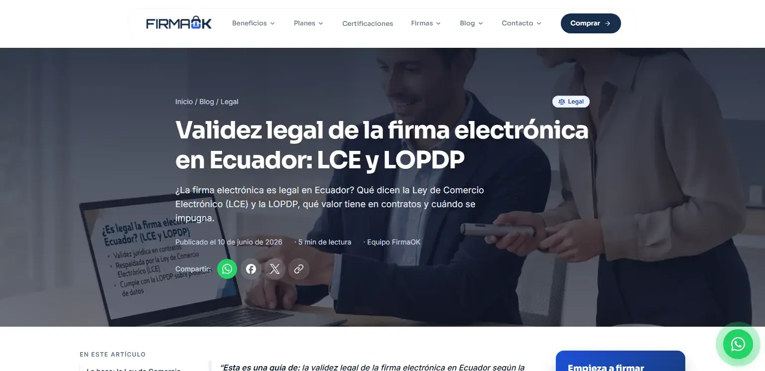 FirmaOK: Artículo de la categoría Legal sobre la validez de la firma según la LCE y la LOPDP