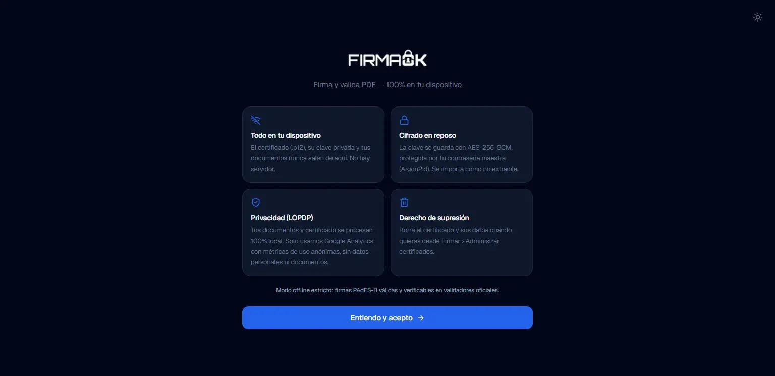 Firmador FirmaOK: Consentimiento informado (LOPDP): todo se procesa en el dispositivo y el certificado se guarda cifrado
