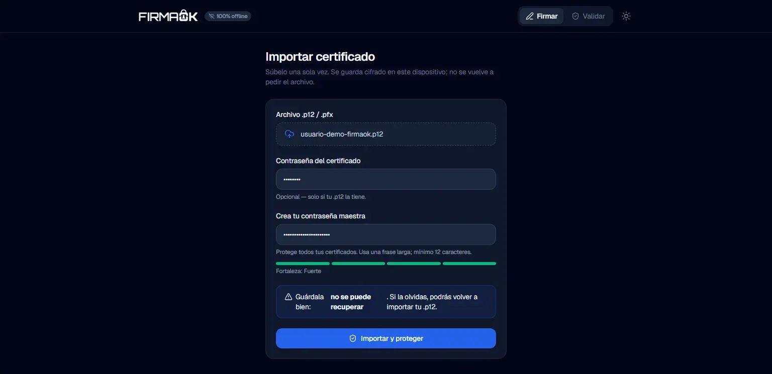 Firmador FirmaOK: Importación de un certificado de prueba .p12 y creación de la contraseña maestra