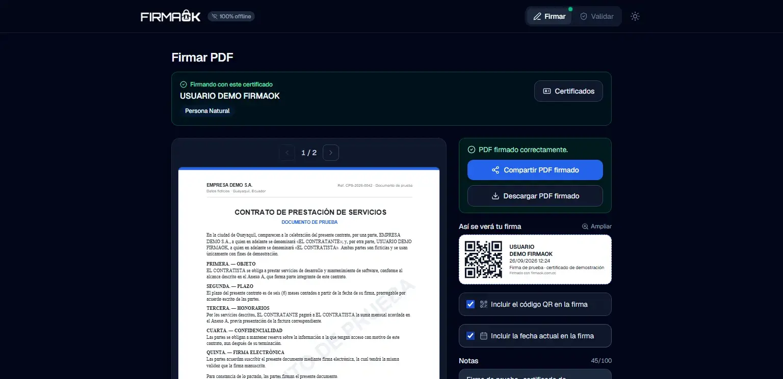 Firmador FirmaOK: Firma completada con el certificado de prueba, lista para compartir o descargar