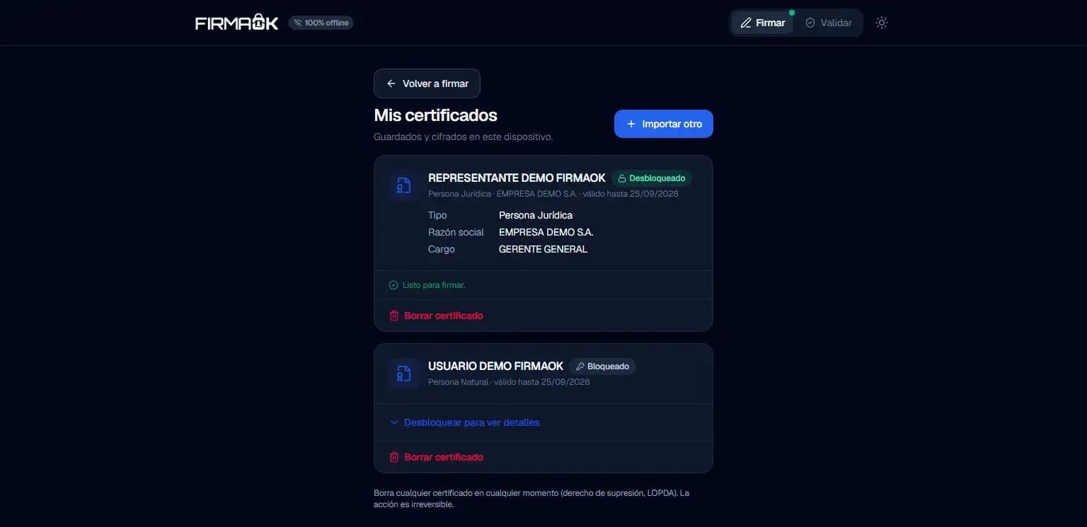 Firmador FirmaOK: Dos certificados de prueba guardados y cifrados en el dispositivo
