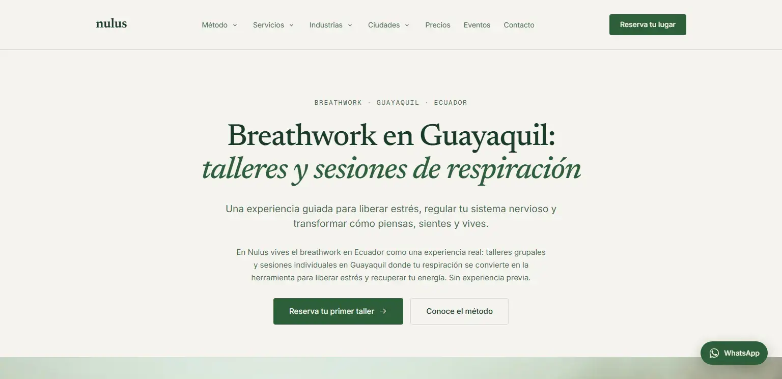 Portada del sitio de Nulus, talleres y sesiones de breathwork en Guayaquil