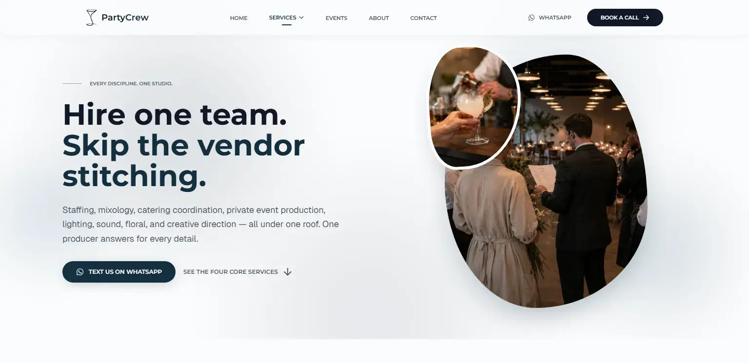 PartyCrew: Página de servicios: staffing, mixología, catering y producción de eventos