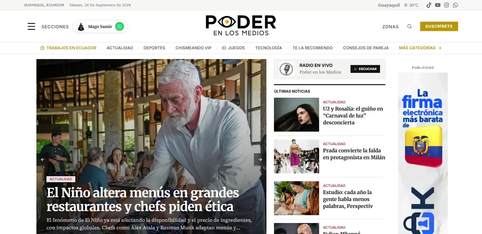 Portada de Poder en los Medios, portal de noticias de Ecuador con la sección Actualidad y las últimas noticias